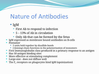 Nature of Antibodies
 IgM
 First Ab to respond to infection
 5 – 13% of Ab in circulation
 Only Ab that can be formed by the fetus
 IgM expressed as membrane bound anitbodies on B-cells
 Pentamer
 5 units held together by disulfide bonds
 J (Joining) chain functions in the polymerization of monomers
 First immunoglobulin class produced in a primary response to an antigen
 Has 10 anitgen binding sites
 More effective at stimulating complement
 Large-size - does not diffuse well
 The FC receptors on phagocytes bind IgM (opsinization)
 