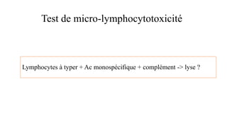 Lymphocytes à typer + Ac monospécifique + complément -> lyse ?
Test de micro-lymphocytotoxicité
 