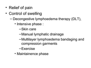 • Relief of pain
• Control of swelling
– Decongestive lymphoedema therapy (DLT),
• Intensive phase :
–Skin care
–Manual lymphatic drainage
–Multilayer lymphoedema bandaging and
compression garments
–Exercise
• Maintainence phase
 