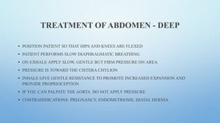 TREATMENT OF ABDOMEN - DEEP
• POSITION PATIENT SO THAT HIPS AND KNEES ARE FLEXED
• PATIENT PERFORMS SLOW DIAPHRAGMATIC BREATHING
• ON EXHALE APPLY SLOW, GENTLE BUT FIRM PRESSURE ON AREA
• PRESSURE IS TOWARD THE CISTERA CHYLION
• INHALE GIVE GENTLE RESISTANCE TO PROMOTE INCREASED EXPANSION AND
PROVIDE PROPRIOCEPTION
• IF YOU CAN PALPATE THE AORTA DO NOT APPLY PRESSURE
• CONTRAINDICATIONS: PREGNANCY, ENDOMETRIOSIS, HIATAL HERNIA
 