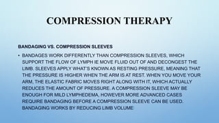 COMPRESSION THERAPY
BANDAGING VS. COMPRESSION SLEEVES
• BANDAGES WORK DIFFERENTLY THAN COMPRESSION SLEEVES, WHICH
SUPPORT THE FLOW OF LYMPH IE MOVE FLUID OUT OF AND DECONGEST THE
LIMB. SLEEVES APPLY WHAT’S KNOWN AS RESTING PRESSURE, MEANING THAT
THE PRESSURE IS HIGHER WHEN THE ARM IS AT REST. WHEN YOU MOVE YOUR
ARM, THE ELASTIC FABRIC MOVES RIGHT ALONG WITH IT, WHICH ACTUALLY
REDUCES THE AMOUNT OF PRESSURE. A COMPRESSION SLEEVE MAY BE
ENOUGH FOR MILD LYMPHEDEMA, HOWEVER MORE ADVANCED CASES
REQUIRE BANDAGING BEFORE A COMPRESSION SLEEVE CAN BE USED.
BANDAGING WORKS BY REDUCING LIMB VOLUME[
 