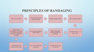 PRINCIPLES OF BANDAGING
Must use Low stretch
Always start distally and
proceed proximall
Maintain moderate tension Avoid creases and folds
Use tape to secure…not
clips or pins
Applied with greater
pressure distally than
proximally
Do not extend bandage to
maximal length
Check pressure
gradientPlace more layers
for increase compression
rather than applying them
more tightly
Fill indentations with
padding or foam pieces
Cover as much of the limb
as possible
Compression to be worn
until next visit
 