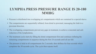 LYMPHA PRESS PRESSURE RANGE IS 20-180
MMHG
• Pressure is distributed into overlapping air compartments which are contained in a special sleeve.
• The compartments are sequentially inflated, from distal to proximal, massaging the limb in a
proximal direction.
• The overlapping compartments prevent any gaps in treatment, to achieve a maximal and safe
reduction of the lymphedema.
• The treatment cycle starts by filling the distal compartment first and continues inflating the
remaining compartments in sequence during the first 24 seconds until all are full.
• The pressure is held in all compartments for 2 seconds, then deflates for four seconds which
completes the 30 seconds cycle. The cycle then repeats itself.
 