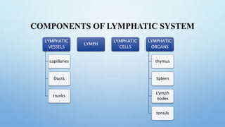 COMPONENTS OF LYMPHATIC SYSTEM
LYMPHATIC
VESSELS
capillaries
Ducts
trunks
LYMPH
LYMPHATIC
CELLS
LYMPHATIC
ORGANS
thymus
Spleen
Lymph
nodes
tonsils
 