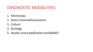 DIAGNOSTIC MODALITIES:
1. Microscopy
2. Direct immunofluorescence
3. Culture
4. Serology
5. Nucleic acid amplification tests(NAAT)
 