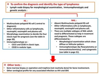  To confirm the diagnosis and identify the type of lymphoma:
• Lymph node biopsy for morphological examination, immunophenotypic and
genetic analysis :
HL :
• Multinucleate polypoid RS cell ( central to
diagnosis).
• Other inflammatory cells as lymphocyte,
neutrophil, eosinophil and plasma cell.
• Morphology examination to decide the four
classic type for prognosis (see the table in
page 20).
• Immunophenotype as :
• CD15 and CD30 in classic type.
• CD20 in nodular type.
NHL :
• Absent Multinucleate polypoid RS cell
• Other inflammatory cells as lymphocyte,
neutrophil, eosinophil and plasma cell.
• There are multiple subtypes of NHL which
need to differentiated as help in treatment
and prognosis. Those subtypes are
differentiated by :
• Morphological examination which show
diffuse or follicular pattern.
• Immunophenotype (by flowcytometry or
immunohistochemistry) and cytogenetic
(see table in page 21).
 Other tests :
• bone marrow biopsy or aspiration and trephine (not routinely done) for bone involvement.
• Other serological profile for any associated infection as HIV and EBV.
 