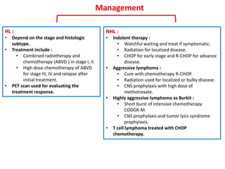 Management
NHL :
• Indolent therapy :
• Watchful waiting and treat if symptomatic.
• Radiation for localized disease.
• CHOP for early stage and R-CHOP for advance
disease.
• Aggressive lymphoma :
• Cure with chemotherapy R-CHOP.
• Radiation used for localized or bulky disease.
• CNS prophylaxis with high dose of
methotrexate.
• Highly aggressive lymphoma as Burkit :
• Short burst of intensive chemotherapy
CODOX-M.
• CNS prophylaxis and tumor lysis syndrome
prophylaxis.
• T cell lymphoma treated with CHOP
chemotherapy.
HL :
• Depend on the stage and histologic
subtype.
• Treatment include :
• Combined radiotherapy and
chemotherapy (ABVD ) in stage I, II.
• High dose chemotherapy of ABVD
for stage III, IV and relapse after
initial treatment.
• PET scan used for evaluating the
treatment response.
 