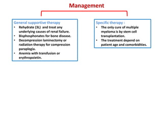 Management
Specific therapy :
• The only cure of multiple
myeloma is by stem cell
transplantation.
• The treatment depend on
patient age and comorbidities.
General supportive therapy
• Rehydrate (3L) and treat any
underlying causes of renal failure.
• Bisphosphonates for bone disease.
• Decompression laminectomy or
radiation therapy for compression
paraplegia.
• Anemia with transfusion or
erythropoietin.
 