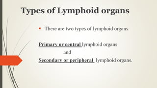 Types of Lymphoid organs
 There are two types of lymphoid organs:
Primary or central lymphoid organs
and
Secondary or peripheral lymphoid organs.
 