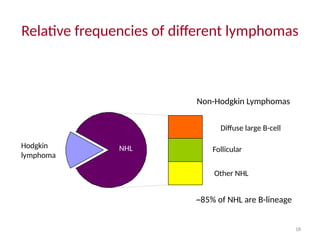 18
Relative frequencies of different lymphomas
Hodgkin
lymphoma
NHL
Diffuse large B-cell
Follicular
Other NHL
Non-Hodgkin Lymphomas
~85% of NHL are B-lineage
 