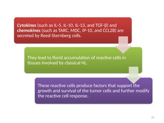 29
Cytokines (such as IL-5, IL-10, IL-13, and TGF-β) and
chemokines (such as TARC, MDC, IP-10, and CCL28) are
secreted by Reed-Sternberg cells.
They lead to florid accumulation of reactive cells in
tissues involved by classical HL.
These reactive cells produce factors that support the
growth and survival of the tumor cells and further modify
the reactive cell response.
 