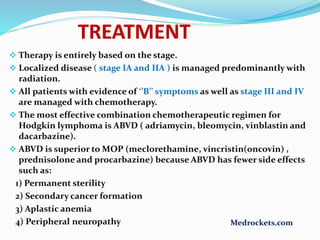  Therapy is entirely based on the stage.
 Localized disease ( stage IA and IIA ) is managed predominantly with
radiation.
 All patients with evidence of ‘’B’’ symptoms as well as stage III and IV
are managed with chemotherapy.
 The most effective combination chemotherapeutic regimen for
Hodgkin lymphoma is ABVD ( adriamycin, bleomycin, vinblastin and
dacarbazine).
 ABVD is superior to MOP (meclorethamine, vincristin(oncovin) ,
prednisolone and procarbazine) because ABVD has fewer side effects
such as:
1) Permanent sterility
2) Secondary cancer formation
3) Aplastic anemia
4) Peripheral neuropathy
TREATMENT
Medrockets.com
 