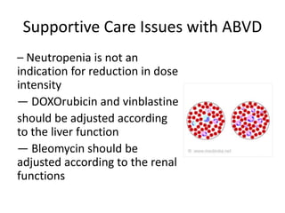 Supportive Care Issues with ABVD
– Neutropenia is not an
indication for reduction in dose
intensity
— DOXOrubicin and vinblastine
should be adjusted according
to the liver function
— Bleomycin should be
adjusted according to the renal
functions
 