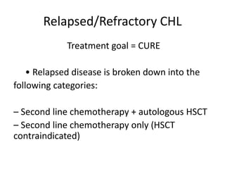 Relapsed/Refractory CHL
Treatment goal = CURE
• Relapsed disease is broken down into the
following categories:
– Second line chemotherapy + autologous HSCT
– Second line chemotherapy only (HSCT
contraindicated)
 