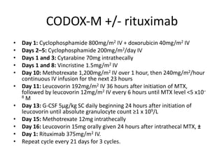 CODOX‐M +/‐ rituximab
• Day 1: Cyclophosphamide 800mg/m2 IV + doxorubicin 40mg/m2 IV
• Days 2–5: Cyclophosphamide 200mg/m2/day IV
• Days 1 and 3: Cytarabine 70mg intrathecally
• Days 1 and 8: Vincristine 1.5mg/m2 IV
• Day 10: Methotrexate 1,200mg/m2 IV over 1 hour, then 240mg/m2/hour
continuous IV infusion for the next 23 hours
• Day 11: Leucovorin 192mg/m2 IV 36 hours after initiation of MTX,
followed by leucovorin 12mg/m2 IV every 6 hours until MTX level <5 x10–
8 M
• Day 13: G-CSF 5µg/kg SC daily beginning 24 hours after initiation of
leucovorin until absolute granulocyte count ≥1 x 109/L
• Day 15: Methotrexate 12mg intrathecally
• Day 16: Leucovorin 15mg orally given 24 hours after intrathecal MTX, ±
• Day 1: Rituximab 375mg/m2 IV.
• Repeat cycle every 21 days for 3 cycles.
 