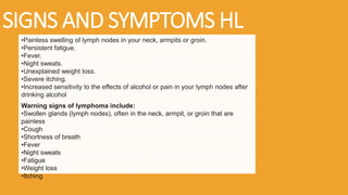SIGNS AND SYMPTOMS HL
•Painless swelling of lymph nodes in your neck, armpits or groin.
•Persistent fatigue.
•Fever.
•Night sweats.
•Unexplained weight loss.
•Severe itching.
•Increased sensitivity to the effects of alcohol or pain in your lymph nodes after
drinking alcohol
Warning signs of lymphoma include:
•Swollen glands (lymph nodes), often in the neck, armpit, or groin that are
painless
•Cough
•Shortness of breath
•Fever
•Night sweats
•Fatigue
•Weight loss
•Itching
 