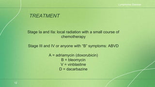 TREATMENT
Stage Ia and IIa: local radiation with a small course of
chemotherapy
Stage III and IV or anyone with “B” symptoms: ABVD
A = adriamycin (doxorubicin)
B = bleomycin
V = vinblastine
D = dacarbazine
Lymphoma Disease
12
 