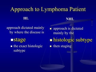 Approach to Lymphoma Patient
HL
approach dictated mainly
by where the disease is
stage
 the exact histologic
subtype
NHL
 approach is dictated
mainly by the
 histologic subtype
 then staging
 