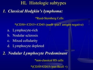 HL Histologic subtypes
1. Classical Hodgkin’s lymphoma:
*Reed-Sternberg Cells
*(CD30+/CD15+/CD45-/panB -panT antigen negative)
a. Lymphocyte-rich
b. Nodular sclerosis
c. Mixed cellularity
d. Lymphocyte depleted
2. Nodular Lymphocyte Predominant
*non-classical RS cells
*(CD30-/CD15-/pan-Bcell +)
 