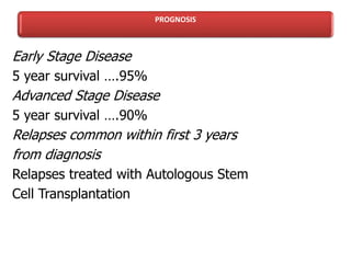 PROGNOSIS
Early Stage Disease
5 year survival ….95%
Advanced Stage Disease
5 year survival ….90%
Relapses common within first 3 years
from diagnosis
Relapses treated with Autologous Stem
Cell Transplantation
 