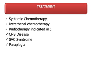 TREATMENT
• Systemic Chemotherapy
• Intrathecal chemotherapy
• Radiotherapy indicated in ;
 CNS Disease
 SVC Syndrome
 Paraplegia
 