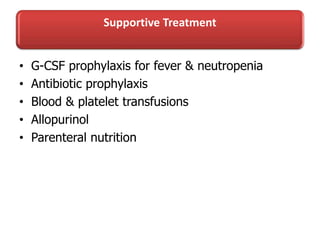 Supportive Treatment
• G-CSF prophylaxis for fever & neutropenia
• Antibiotic prophylaxis
• Blood & platelet transfusions
• Allopurinol
• Parenteral nutrition
 