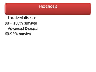 PROGNOSIS
Localized disease
90 – 100% survival
Advanced Disease
60-95% survival
 