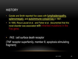 HISTORY
• Canale and Smith reported five cases with lymphadenopathy,
splenomegaly, and autoimmune cytopenias in 1967.
• In 1995, Rieux-Laucat et al. and Fisher et al. documented that this
novel disorder was associated with inherited mutations in the
Fas gene.
• FAS : cell surface death receptor
(TNF receptor superfamily, member 6; apoptosis stimulating
fragment)
29-11-2016 24
 