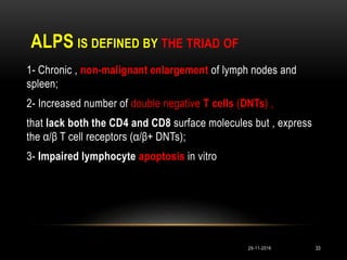 ALPS IS DEFINED BY THE TRIAD OF
1- Chronic , non-malignant enlargement of lymph nodes and
spleen;
2- Increased number of double negative T cells (DNTs) ,
that lack both the CD4 and CD8 surface molecules but , express
the α/β T cell receptors (α/β+ DNTs);
3- Impaired lymphocyte apoptosis in vitro
29-11-2016 33
 