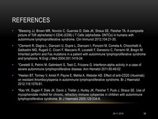 REFERENCES
• *Bleesing JJ, Brown MR, Novicio C, Guarraia D, Dale JK, Straus SE, Fleisher TA. A composite
picture of TcR alpha/beta(+) CD4(-)CD8(-) T Cells (alpha/beta- DNTCs) in humans with
autoimmune lymphoproliferative syndrome. Clin Immunol 2012;104:21-30.
• *Clementi R, Dagna L, Dianzani U, Dupre L, Dianzani I, Ponzoni M, Cometa A, Chiocchetti A,
Sabbadini MG, Rugarli C, Ciceri F, Maccario R, Locatelli F, Danesino C, Ferrarini M, Bregni M.
Inherited perforin and Fas mutations in a patient with autoimmune lymphoproliferative syndrome
and lymphoma. N Engl J Med 2004;351:1419-24.
• *Ceretelli S, Petrini M, Galimberti S, Testi C, Frizzera G. Interferon-alpha activity in a case of
severe autoimmune lymphoproliferative disease. Ann Hematol 2011;80:49-52
• *Heelan BT, Tormey V, Amlot P, Payne E, Mehta A, Webster AD. Effect of anti-CD20 (rituximab)
on resistant thrombocytopenia in autoimmune lymphoproliferative syndrome. Br J Haematol
2012;118:1078-81.
• *Rao VK, Dugan F, Dale JK, Davis J, Tretler J, Hurley JK, Fleisher T, Puck J, Straus SE. Use of
mycophenolate mofetil for chronic, refractory immune cytopenias in children with autoimmune
lymphoproliferative syndrome. Br J Haematol 2005;129:534-8.
29-11-2016 59
 