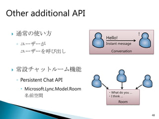 Other additional API

    通常の使い方                                           !
                                    Hello!
     ◦ ユーザーが                        Instant message

       ユーザーを呼び出し                       Conversation




    常設チャットルーム機能
     ◦ Persistent Chat API
       Microsoft.Lync.Model.Room
                                     ・What do you …
        名前空間                         ・I think …
                                             Room


                                                          48
 