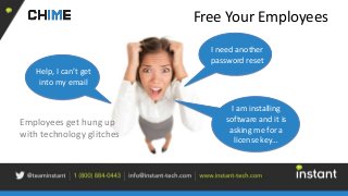 Free Your Employees
Employees get hung up
with technology glitches
Help, I can’t get
into my email
I need another
password reset
I am installing
software and it is
asking me for a
license key…
 