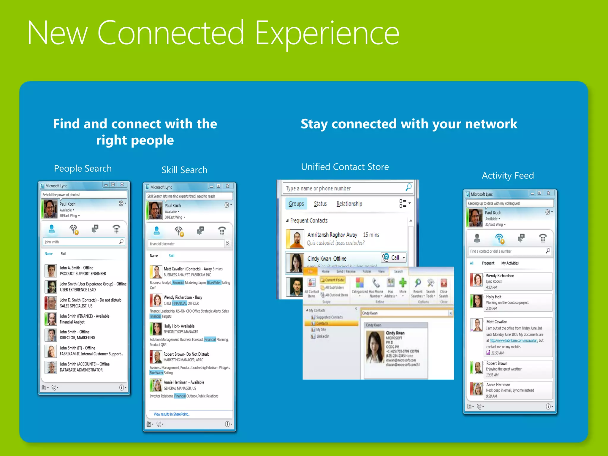Find and connect with the      Stay connected with your network
       right people

People Search   Skill Search   Unified Contact Store
                                                         Activity Feed
 
