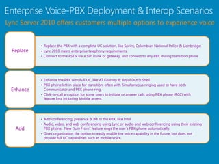 Lync Server 2010 offers customers multiple options to experience voice


            • Replace the PBX with a complete UC solution, like Sprint, Colombian National Police & Lionbridge
  Replace   • Lync 2010 meets enterprise telephony requirements.
            • Connect to the PSTN via a SIP Trunk or gateway, and connect to any PBX during transition phase




            • Enhance the PBX with Full UC, like AT Kearney & Royal Dutch Shell
            • PBX phone left in place for transition, often with Simultaneous ringing used to have both
 Enhance      Communicator and PBX phone ring.
            • Click-to-call an option for some users to initiate or answer calls using PBX phone (RCC) with
              feature loss including Mobile access.




            • Add conferencing, presence & IM to the PBX, like Intel
            • Audio, video, and web conferencing using Lync or audio and web conferencing using their existing
   Add        PBX phone. New “Join From” feature rings the user’s PBX phone automatically.
            • Gives organization the option to easily enable the voice capability in the future, but does not
              provide full UC capabilities such as mobile voice.
 