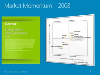 2008
 The Magic Quadrant is copyrighted August 2007 by Gartner, Inc. and is reused with
 permission. The Magic Quadrant is a graphical representation of a marketplace at
 and for a specific time period. It depicts Gartner's analysis of how certain vendors
 measure against criteria for that marketplace, as defined by Gartner. Gartner does
 not endorse any vendor, product or service depicted in the Magic Quadrant, and
 does not advise technology users to select only those vendors placed in the
 "Leaders" quadrant. The Magic Quadrant is intended solely as a research tool, and
 is not meant to be a specific guide to action. Gartner disclaims all warranties,
 express or implied, with respect to this research, including any warranties of
 merchantability or fitness for a particular purpose.

 SOURCE: Gartner, Magic Quadrant for Unified Communications, 2007”




Microsoft Confidential - NDA Only                                                       9
 