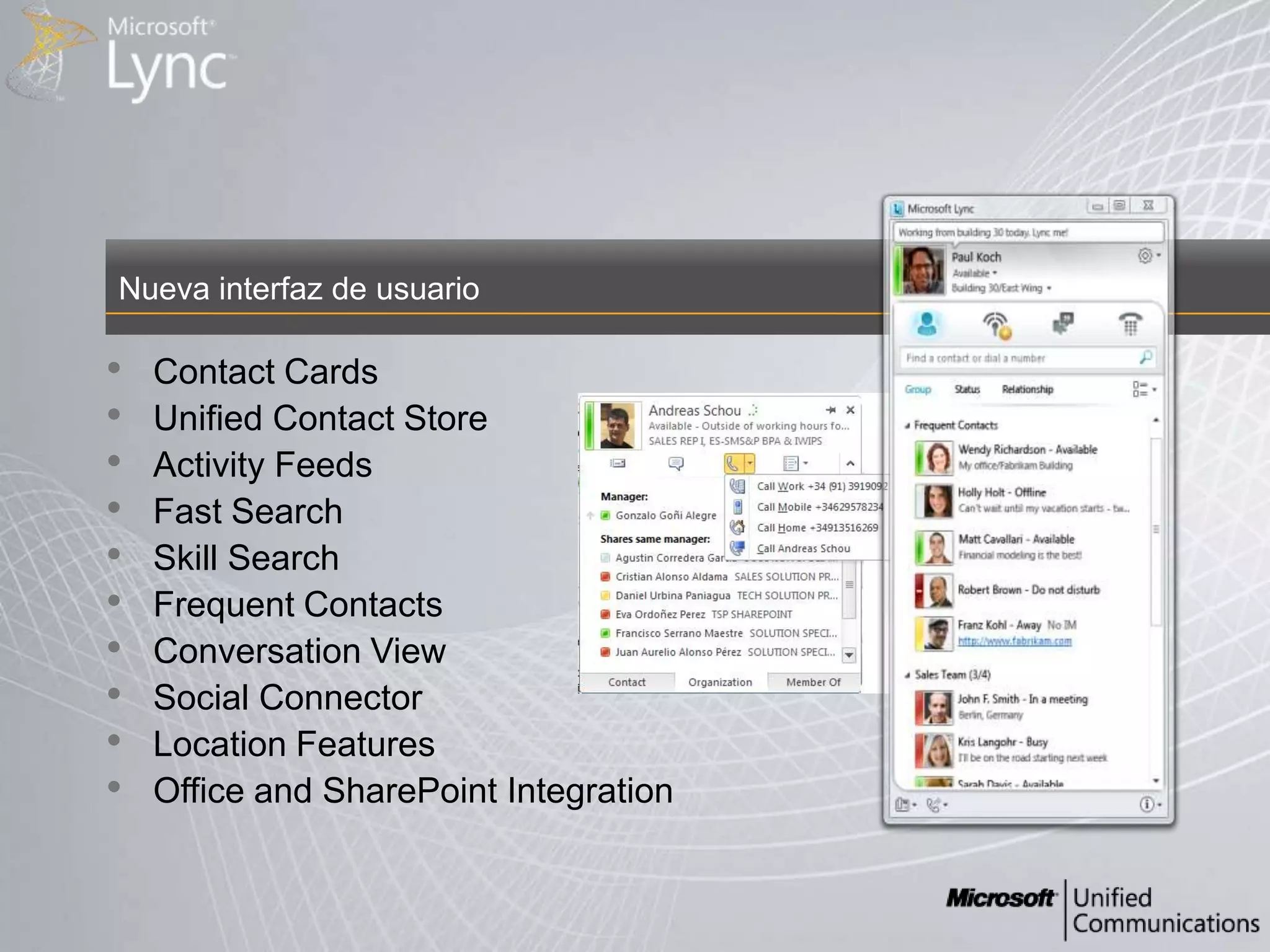 Nueva interfaz de usuarioContact Cards Unified Contact Store Activity Feeds Fast Search Skill Search Frequent Contacts Conversation View Social Connector Location Features Office and SharePoint Integration 
