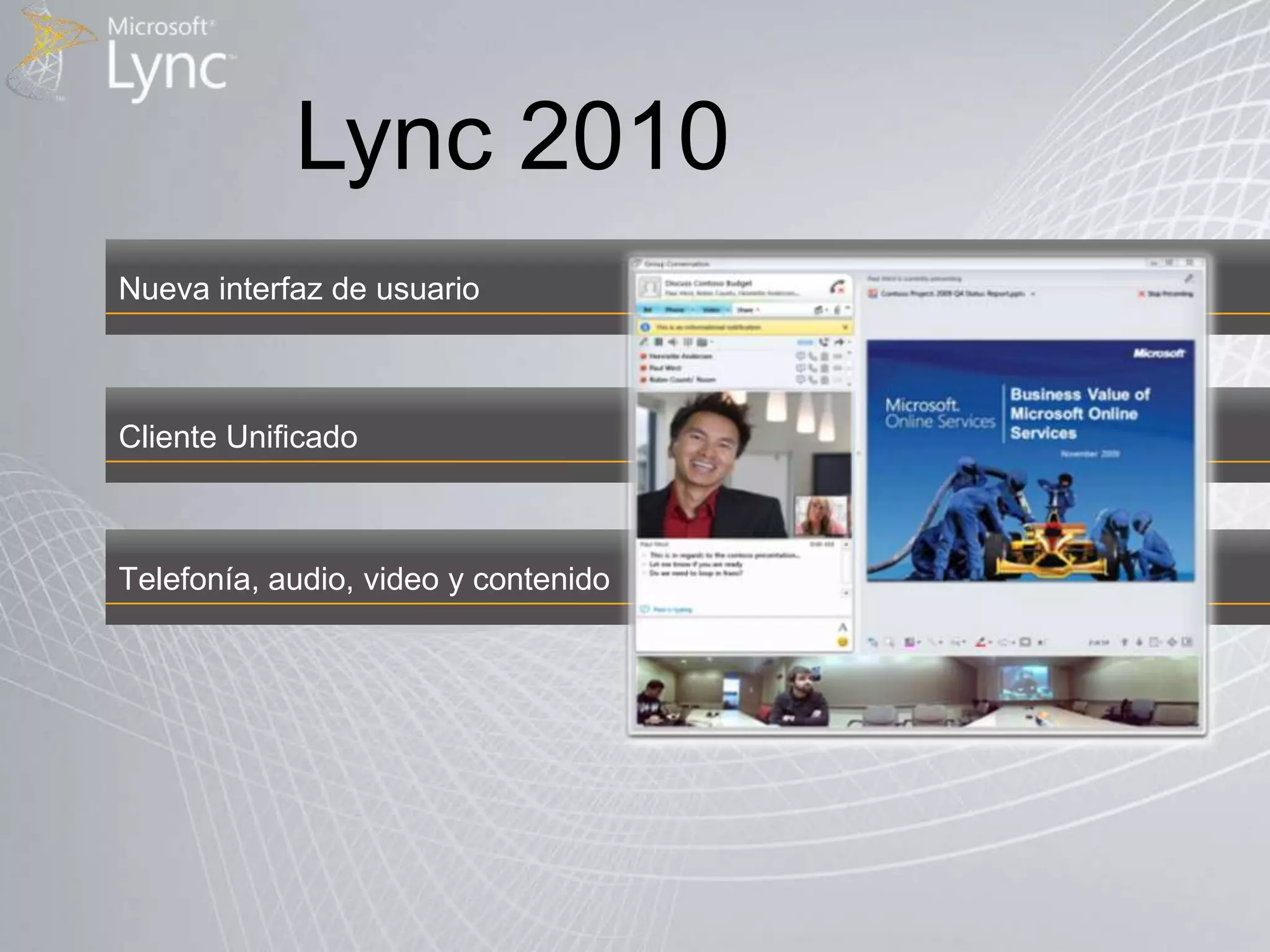 Lync 2010Nueva interfaz de usuarioClienteUnificadoTelefonía, audio, video y contenido