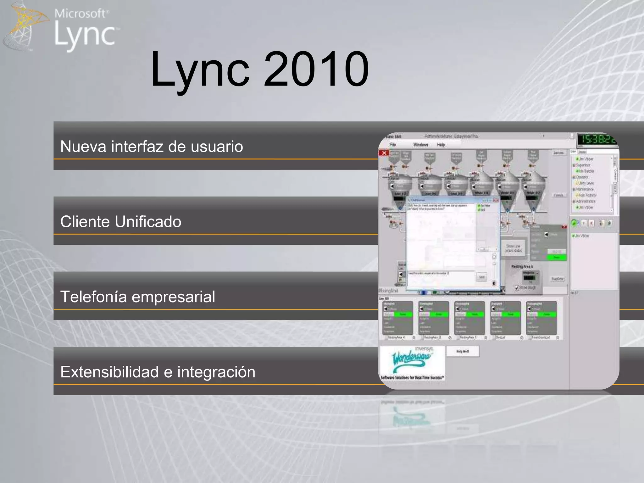 Lync 2010Nueva interfaz de usuarioClienteUnificadoTelefoníaempresarialExtensibilidad e integración