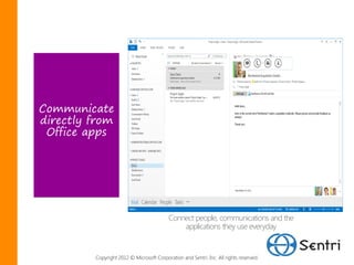 Communicate
directly from
 Office apps




                                           Connect people, communications and the
                                               applications they use everyday


         Copyright 2012 © Microsoft Corporation and Sentri, Inc. All rights reserved.
 