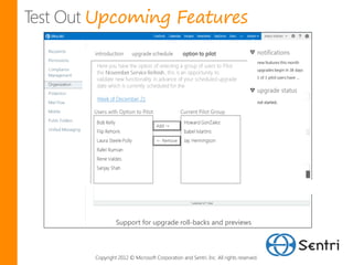 Upcoming Features




          Support for upgrade roll-backs and previews




 Copyright 2012 © Microsoft Corporation and Sentri, Inc. All rights reserved.
 