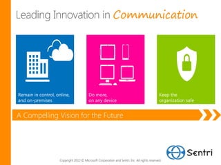 Communication




Remain in control, online,                Do more,                                             Keep the
and on-premises                           on any device                                        organization safe


A Compelling Vision for the Future




                     Copyright 2012 © Microsoft Corporation and Sentri, Inc. All rights reserved.
 