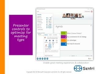 Presenter
 controls to
optimize for
   meeting
    type




                                     Enable great meeting experiences & collaboration



         Copyright 2012 © Microsoft Corporation and Sentri, Inc. All rights reserved.
 