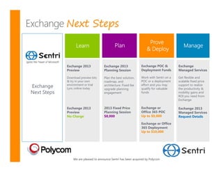 Next Steps
                                                                      Prove
                   Learn                       Plan                                          Manage
                                                                     & Deploy

             Exchange 2013             Exchange 2013             Exchange POC &          Exchange
             Preview                   Planning Session          Deployment Funds        Managed Services

             Download preview bits     Plan the best solution,   Work with Sentri on a   Get flexible and
             & try in your own         roadmap, and              POC or a deployment     scalable fixed price
Exchange     environment or trial
             Lync online today
                                       architecture. Fixed fee
                                       upgrade planning
                                                                 effort and you may
                                                                 qualify for valuable
                                                                                         support to realize
                                                                                         the productivity &
Next Steps                             engagement                funds                   mobility gains and
                                                                                         ROI you need from
                                                                                         Exchange

             Exchange 2013             2013 Fixed Price          Exchange or             Exchange 2013
             Preview                   Planning Session          Office 365 POC          Managed Services
             No Charge                 $8,000                    Up to $9,000            Request Details

                                                                 Exchange or Office
                                                                 365 Deployment
                                                                 Up to $10,000




                 We are pleased to announce Sentri has been acquired by Polycom
 