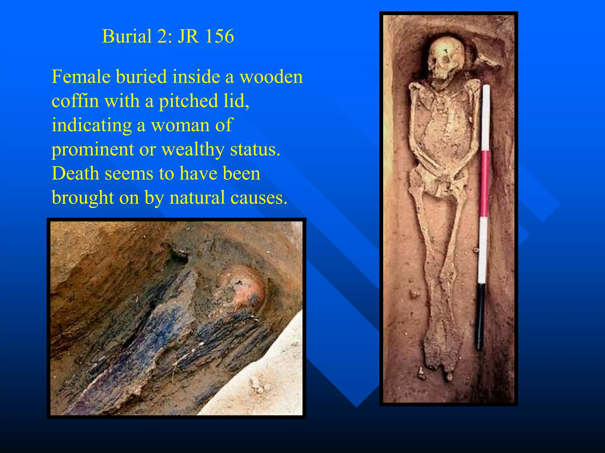 Burial 2: JR 156

Female buried inside a wooden
coffin with a pitched lid,
indicating a woman of
prominent or wealthy status.
Death seems to have been
brought on by natural causes.
 