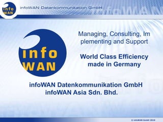 Managing, Consulting, Im
             plementing and Support

             World Class Efficiency
              made in Germany


infoWAN Datenkommunikation GmbH
     infoWAN Asia Sdn. Bhd.



                              © infoWAN GmbH 2010
 