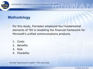 Methodology

   For this study, Forrester employed four fundamental
   elements of TEI in modeling the financial framework for
   Microsoft‘s unified communications products.

   1.    Costs
   2.    Benefits
   3.    Risk
   4.    Flexibility


Forrester Total Economic Impact™ (TEI) case study


                                                    © infoWAN GmbH 2010
 