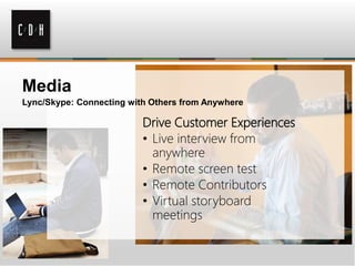 Media
Lync/Skype: Connecting with Others from Anywhere
Drive Customer Experiences
• Live interview from
anywhere
• Remote screen test
• Remote Contributors
• Virtual storyboard
meetings
 
