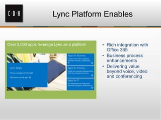 Lync Platform Enables
• Rich integration with
Office 365
• Business process
enhancements
• Delivering value
beyond voice, video
and conferencing
 