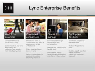 Enable and improve
mobile productivity
Communicate in real time
with colleagues,
customers and partners
from virtually anywhere
Enable new ways of
collaboration with voice &
video using a single
unified client
Share ideas and keep
teams in sync
Reduce costs related to
video conferencing,
telephony and travel
Reduce costs through
simplification and
consolidation
Manage with common and
familiar tools
Reduce total cost of
ownership with integration
and shared infrastructure
Accelerate adoption of
online services
Reduce IT operations
costs
Enables a path to unified
communications –
following a customer’s
blueprint
Lync Enterprise Benefits
 
