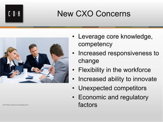 • Leverage core knowledge,
competency
• Increased responsiveness to
change
• Flexibility in the workforce
• Increased ability to innovate
• Unexpected competitors
• Economic and regulatory
factors
New CXO Concerns
© M Parker UniComm Consulting 2014
 